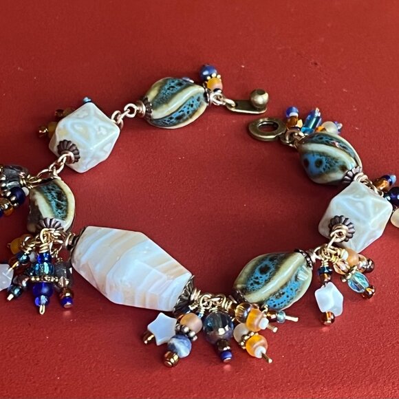 Boho Dangle Bracelet, Banded Agate Gemstone, Ceramic Beads, Wire Wrapped Dangles - Picture 3 of 15